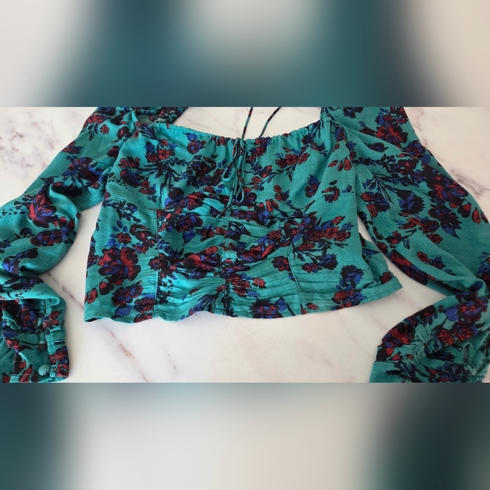 Free People Hilary Floral‎ Teal Long Sleeve Women's Top - Picture 8 of 10